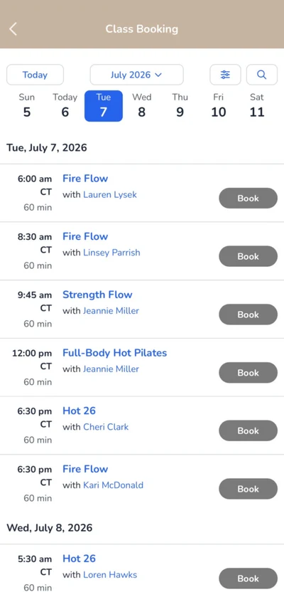 The app class schedule: a week of classes, each with a Book button