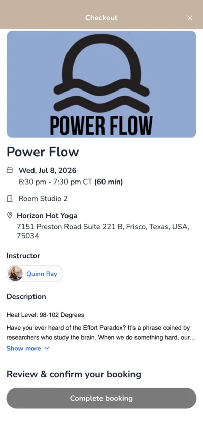 The app checkout for a Power Flow class: date, room, instructor and Complete booking
